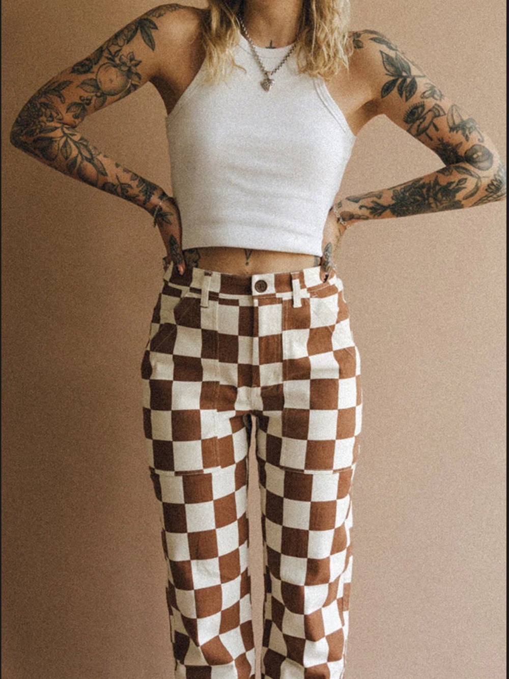 Checkerboard Straight Leg Cargo Pants - Brown & Cream - Picture 2 of 4